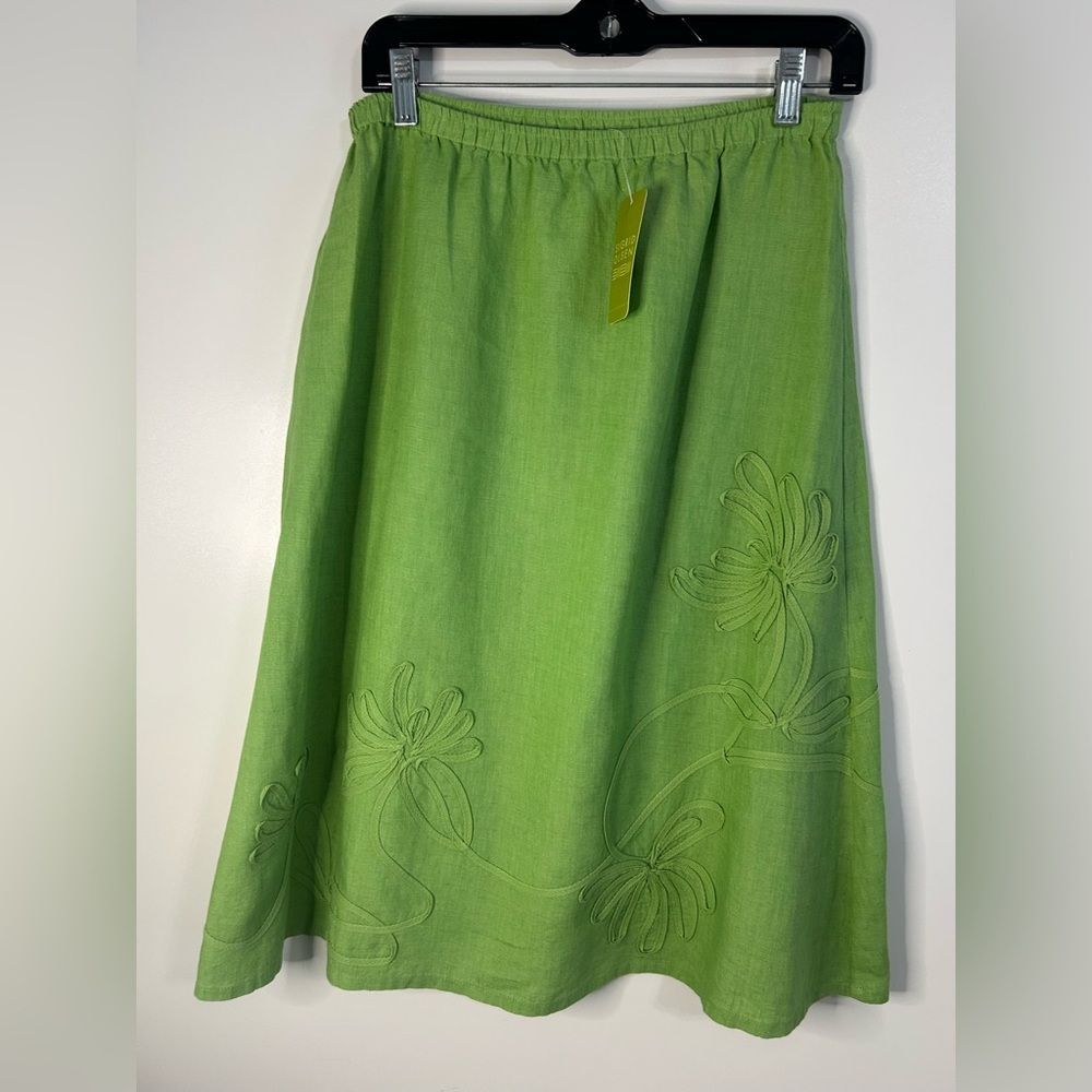 Sigrid Olsen women knew. Green Midi A-Line Skirt Casual Resort Wear. 100% Linen.